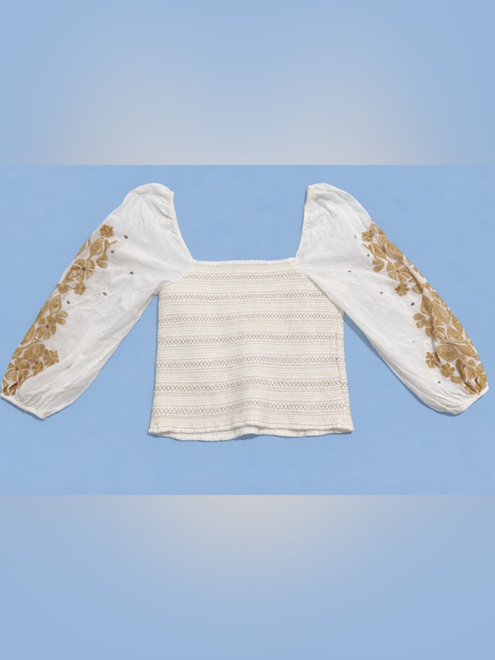 By Anthropologie Smocked Embroidered Boho Blouse XL White Gold Puff Sleeve